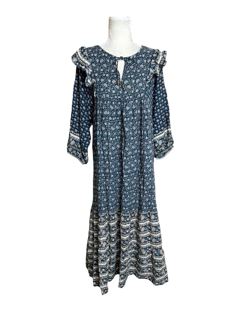 Cortefiel Grandmacore Boho Women's Green Floral Tiered Maxi Dress Size 6 - Picture 2 of 11